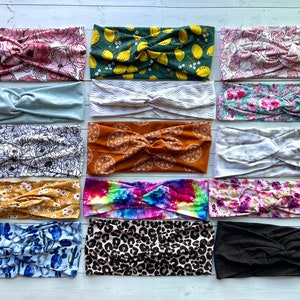 Bamboo Lycra Knit Fabric Turban Twist Headbands with buttons florals chevron tie dye leopard cheetah cactus animal cookie marble mustard