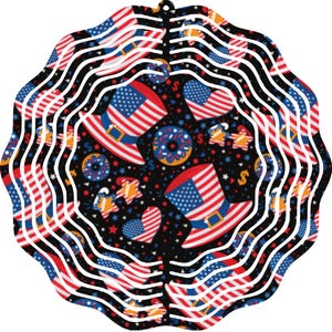 Red White Blue Patriotic Wind Spinner 10&quot; Metal Yard Art Star Spangled Hat & Donut 4th of July Outdoor Hanging Celebration Decor