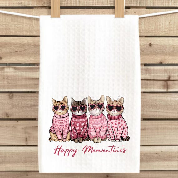 Happy Meowentine's Cat Dish Towel - Tabby Kittens in Sweaters Valentine's Day Decor - 16x24 Waffle Weave Cat Mom Gift