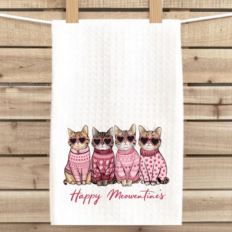 Peut inclure: Une serviette de cuisine blanche avec une illustration rose et brune de quatre chats portant des lunettes en forme de c&oelig;ur et des pulls roses. Le texte "Happy Meowentines" est imprim&eacute; sous les chats.