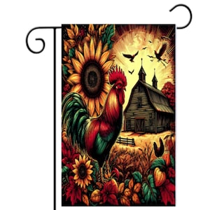 May include: A garden flag featuring a vibrant rooster with red, green, and black plumage, standing in front of a barn. Sunflowers, pumpkins, and autumn foliage surround the rooster, with birds flying in the sky.