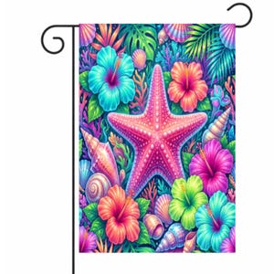 May include: A vibrant garden flag featuring a pink starfish surrounded by colorful hibiscus flowers, seashells, and tropical foliage. The design includes shades of pink, blue, green, and orange, creating a bright and summery aesthetic. The flag is designed for outdoor use.