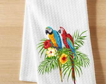 Decorative Kitchen Tea Towel Parrot Palm Leaf 16x24 Absorbent Honeycomb Tropical Bird Lover