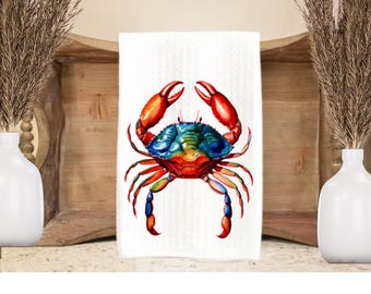 Blue Crab Kitchen Dish Towel 16x24 Waffle Weave Watercolor Coastal Beach Home Decor Hand Towel Gift for Seafood Lover
