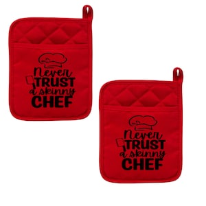 Pocket Pot Holders Red Heat Resistant Hanging Loop Funny Kitchen Decor Potholders Never Trust A Skinny Chef Set of 2 - 9x7 Inch