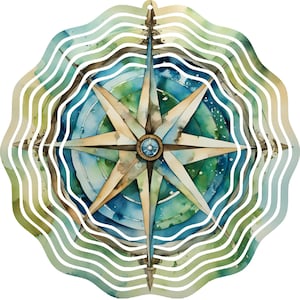 May include: A multi-layered, blue, green, and brown watercolor compass wind spinner. The compass points are in the shape of a star.