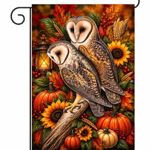 May include: A rectangular garden flag featuring two barn owls perched on a wooden branch. The scene is surrounded by autumn elements including orange pumpkins, yellow sunflowers, red berries, wheat stalks, and colorful fall leaves with a lantern.