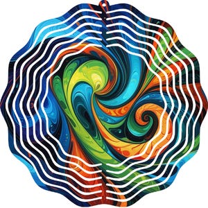 10&quot; Rainbow Swirl Wind Spinner – Abstract Hanging Metal Garden Decor – Vivid Outdoor Yard Art Accent