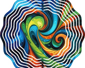 10" Rainbow Swirl Wind Spinner – Abstract Hanging Metal Garden Decor – Vivid Outdoor Yard Art Accent