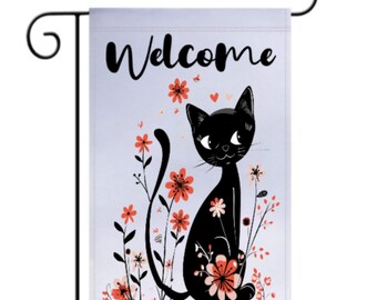 Black Cat Welcome Garden Flag 12x18, Cute Floral House Flag, Cat Lover Gift, Spring Summer Outdoor Yard Decor, Whimsical Kitty