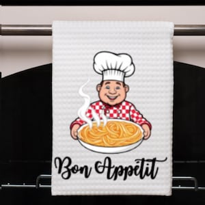 Bon Appetit Chef Waffle Weave Dish Towel 16x24, Kitchen Decor Gift for Cook Foodie, Spaghetti Pasta Design Kitchen Towel