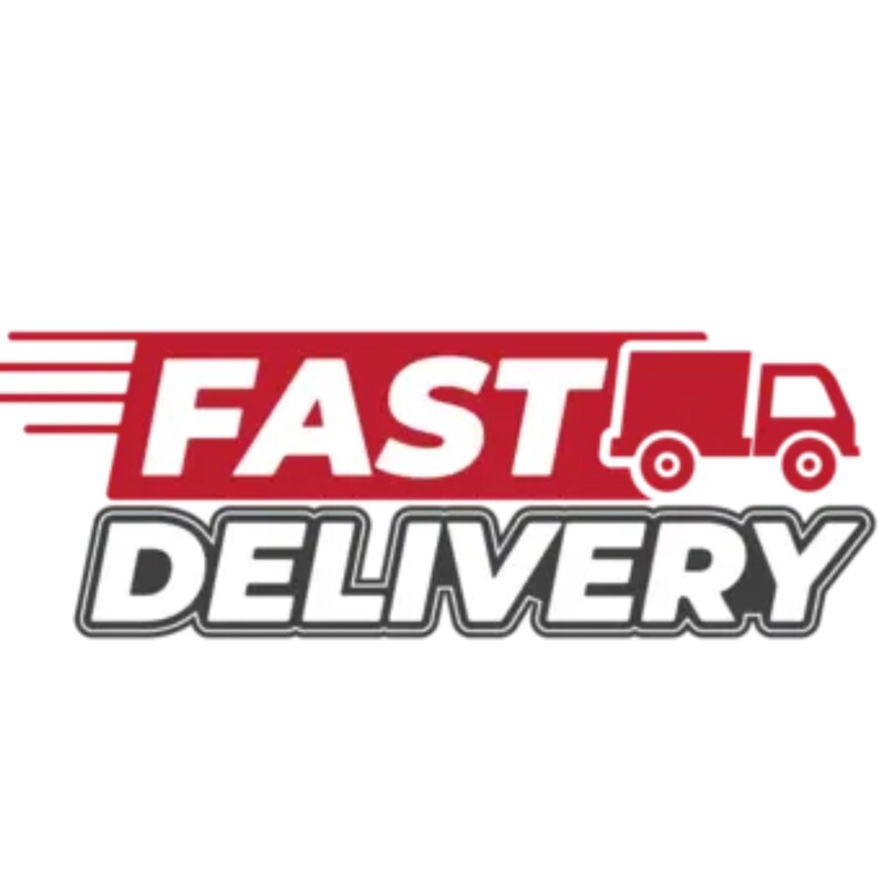 Peut inclure: Logo rouge et blanc avec le texte "FAST DELIVERY" et un camion de livraison rouge avec des roues noires.