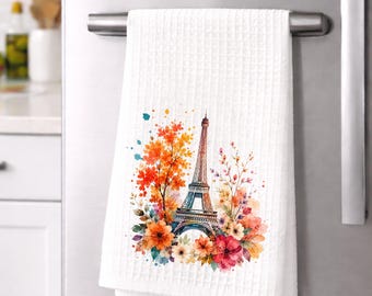 Strofinaccio da cucina con motivo Parigi, strofinaccio con Torre Eiffel ad acquerello, decorazione per cucina in stile country francese, strofinaccio floreale a trama waffle 40x60 cm, regalo per gli amanti di Parigi