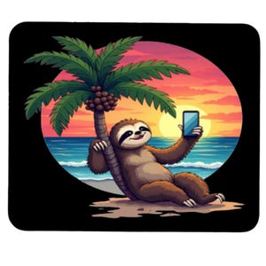 May include: A cartoon illustration of a sloth taking a selfie with a smartphone under a palm tree on a beach. The background features a sunset over the ocean. The sloth is brown with a black mask around its eyes.