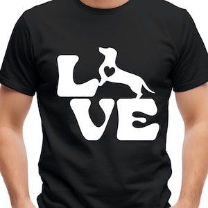 Camiseta "Dachshund Love", tallas S-5XL, diseño minimalista, ideal para amantes de los perros salchicha, con gráfico en blanco y negro.