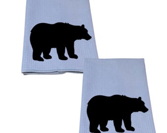 Black Bear Decor Kitchen Dish Towel Waffle Weave 16x24 Country Farmhouse Set of 2