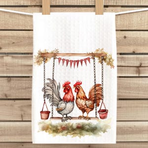 Rooster Tea towel, Farmhouse Kitchen Towel, Chicken Decor, Country Chicken Lover Gift, Cabin House Warming Gift, Waffle Weave 16x24