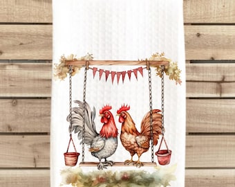 Paño de cocina con forma de gallo, paño de cocina de estilo rústico, decoración de gallinas, regalo para amantes de las gallinas campestres, regalo de inauguración de una casa en una cabaña, tejido de gofres de 16 x 24 pulgadas