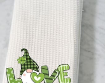 St. Patrick&#39;s Day Kitchen Decor Shamrock Green Gnome Waffle Weave 16x24