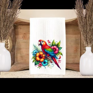 Parrot Hand Towel: Tropical Floral Kitchen Decor (16x24)