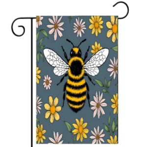 May include: A garden flag with a blue background and a yellow and black bee surrounded by yellow and pink flowers.
