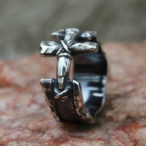 Men&#39;s rustic ring,Silver cross ring,Sterling Silver band,Christian ring symbol,Unisex ring,Silver artisan ring,Cool ring,Custom Size 4 - 16
