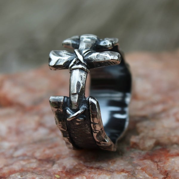 Men's rustic ring,Silver cross ring,Sterling Silver band,Christian ring symbol,Unisex ring,Silver artisan ring,Cool ring,Custom Size 4 - 16