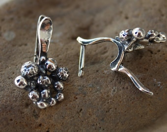 May include: A pair of silver earrings with a cluster of small, textured spheres. The earrings have a simple, elegant design.