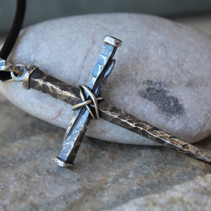 Big silver cross pendant,nail cross,hammered cross,rustic pendant,three silver nail braided silver wire,rustic cross,cross necklace,handmade