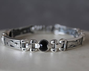 Heavy Sterling Silver Mens Bracelet, Onyx Gemstone, Artisan Metalwork