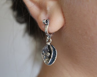 925,Sterling silver earrings,Dangle earrings,Drop earrings,Artisan earrings,Textured earrings,Oxidized,Floral earrings,Everyday,Rustic,Boho