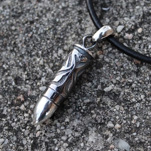 Handmade Solid Sterling Silver Necklace,Engraved Men's Silver Pendant,Bullet Necklace,Gift for Him,Mens Bullet Jewelry,Rustic Mens Necklace
