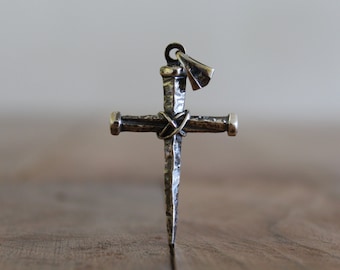 Silver cross pendant,Hammered Cross,Rustic pendant,Three silver nail braided silver wire,silver unisex Cross,solid sterling silver 925