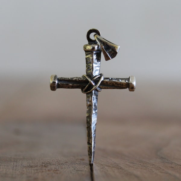 Silver cross pendant,Hammered Cross,Rustic pendant,Three silver nail braided silver wire,silver unisex Cross,solid sterling silver 925