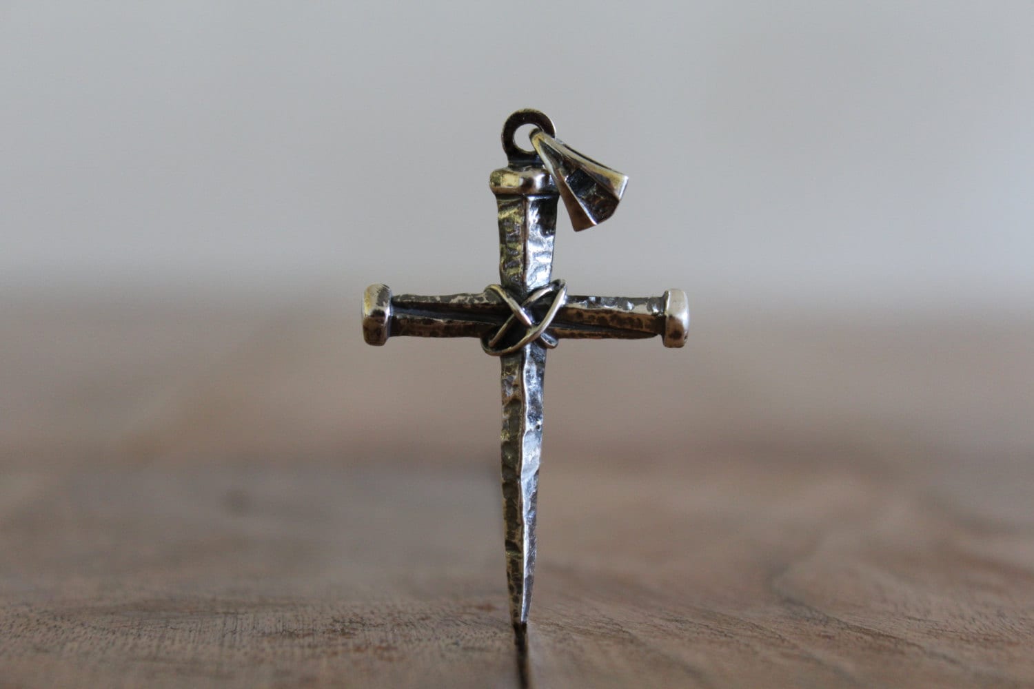 Silver cross pendant,Hammered Cross,Rustic pendant,Three silver nail …