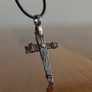 Silver cross,Copper wire wraped,Mixed metal cross,Slats cross,Artisan cross,Sterling cross pendant,Cross necklace,Rustic cross,Handmade gift
