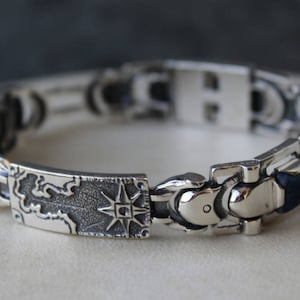 Zilveren herenarmband, lapis lazuli-sieraden, zware armband, sterlingzilver 925, uniek ontwerp, oceaankaart, schakelarmband, natuursteenarmband,