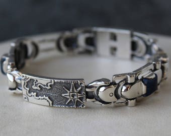 Men's silver bracelet,Lapis Lazuli jewelry,Heavy bracelet,Sterling silver 925,Unique design,Ocean map,Links bracelet,Natural stone bracelet,