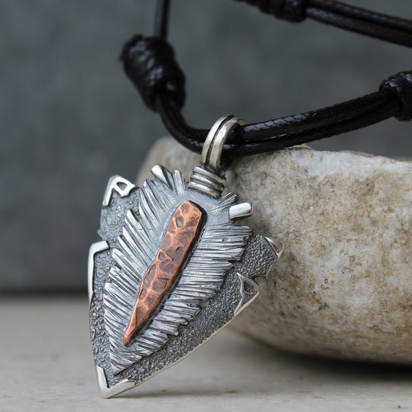 925,Arrowhead,Sterling silver,Mem's pendant,Arrowhead pendant,Oxidized silver,Artisan necklace,Tribal jewelry,Silver and copper,Rustic,Heavy