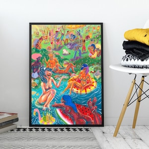 May include: A framed art print featuring a vibrant, colorful illustration of a crowded summer pool party scene with people swimming, lounging on inflatable floats, and socializing in a lush, green outdoor setting under a bright yellow sun.