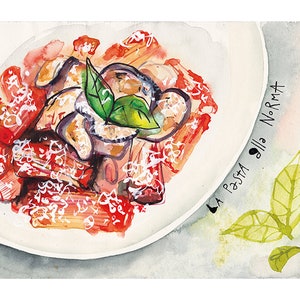 Pasta alla Norma Cibo Illustrazione Acquerello A4-A3 Stampa Arte
