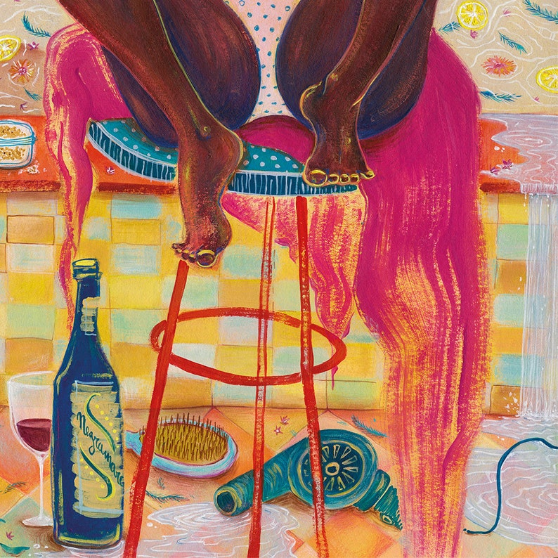 May include: A woman sits on a red stool with a pink and yellow towel draped over her legs. A bottle of wine is on the floor next to a hairbrush and a hairdryer.