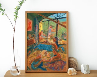 May include: A rectangular framed painting featuring a vibrant interior scene with multiple figures in various poses. The artwork displays a mix of warm and cool tones, depicting a room with a large window, furniture, and expressive human forms.