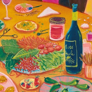 May include: A table setting with a variety of food and drinks, including a bottle of wine labeled "Nero d'Avola", a jar of jam, and a plate of green beans and tomatoes.