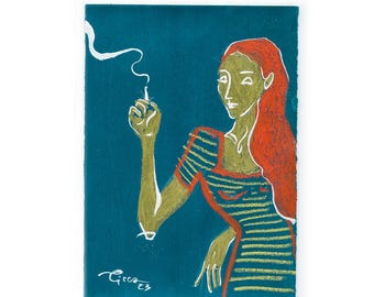 Untouchable Mood – Original Queer Feminist Art – Cool Girl Smoking – A5 Mixed Media Original Drawing