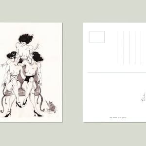 Cartolina Stampa Arte Illustrazione - Tre donne e un gatto