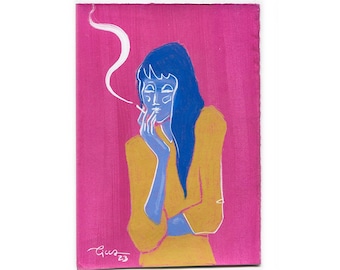 Smoke and Detachment – Original Queer Feminist Art – Rebel Woman – A5 Mixed Media Drawing