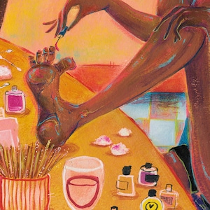 May include: A person painting their toenails with a clear nail polish. The person is sitting on a table with a glass of water, a bottle of nail polish, and other beauty supplies.