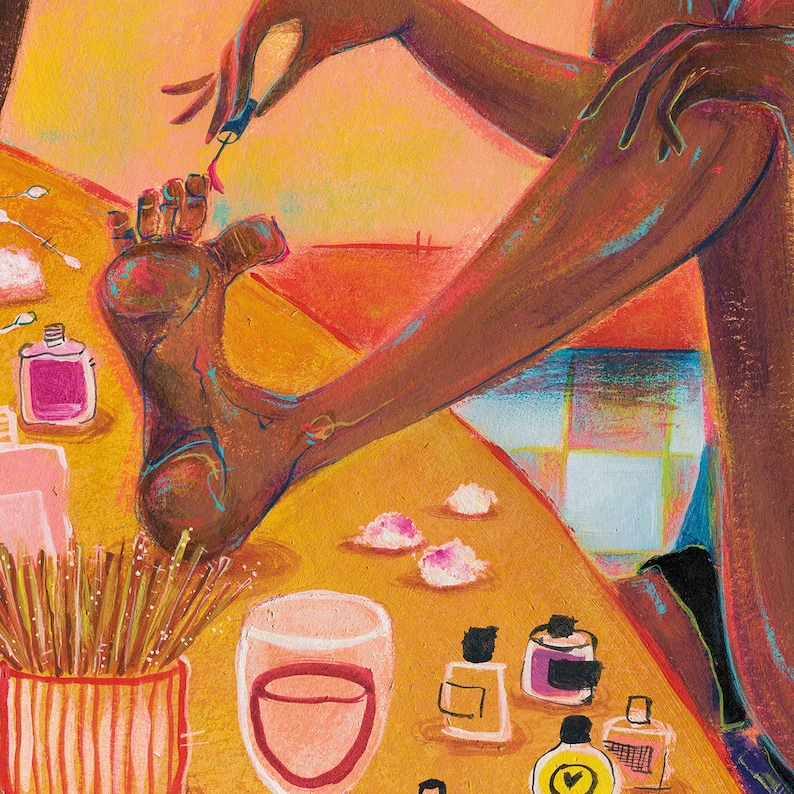 May include: A person painting their toenails with a clear nail polish. The person is sitting on a table with a glass of water, a bottle of nail polish, and other beauty supplies.