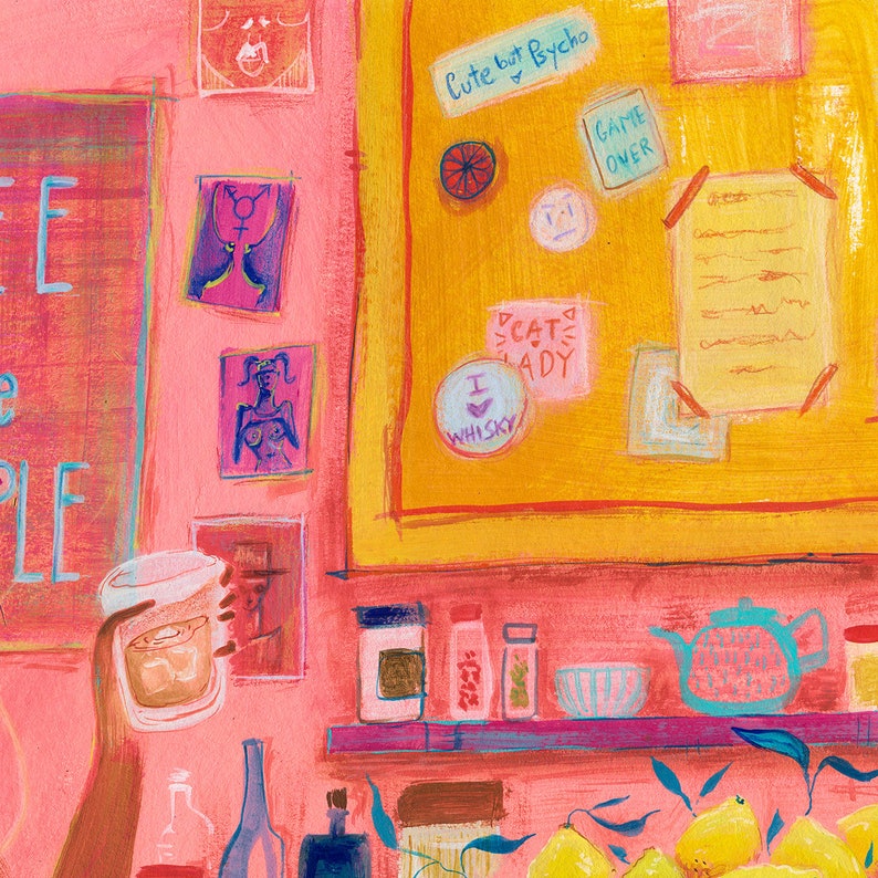 May include: A pink and yellow wall with a corkboard with various notes and stickers. The notes say "Cute but Psycho", "Game Over", "Cat Lady", and "I love Whiskey". There is a shelf with a teapot, a bowl, and jars.